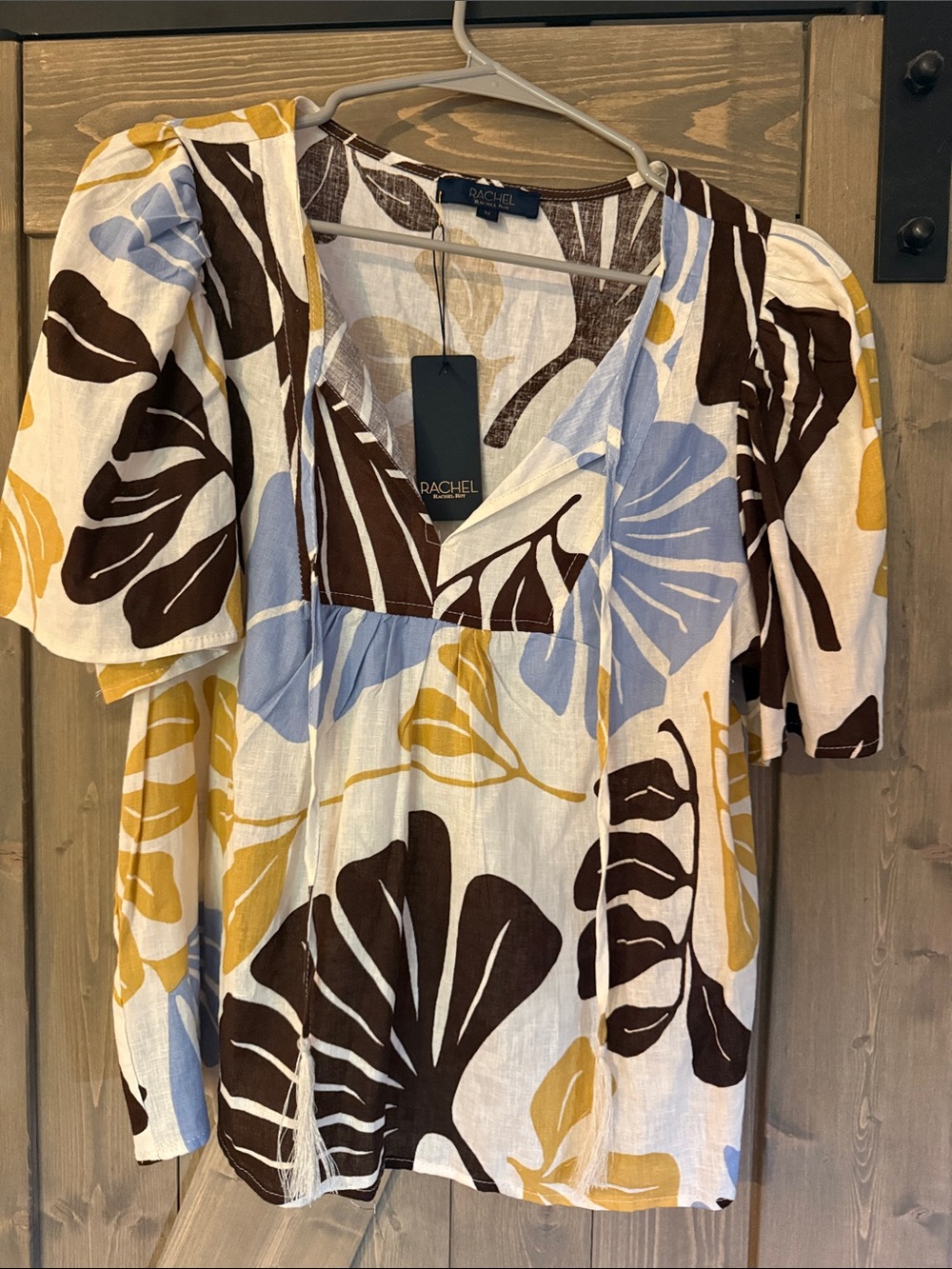 Rachel Floral V-Neck Tunic in White, Brown & Yellow with Light Blue Accents